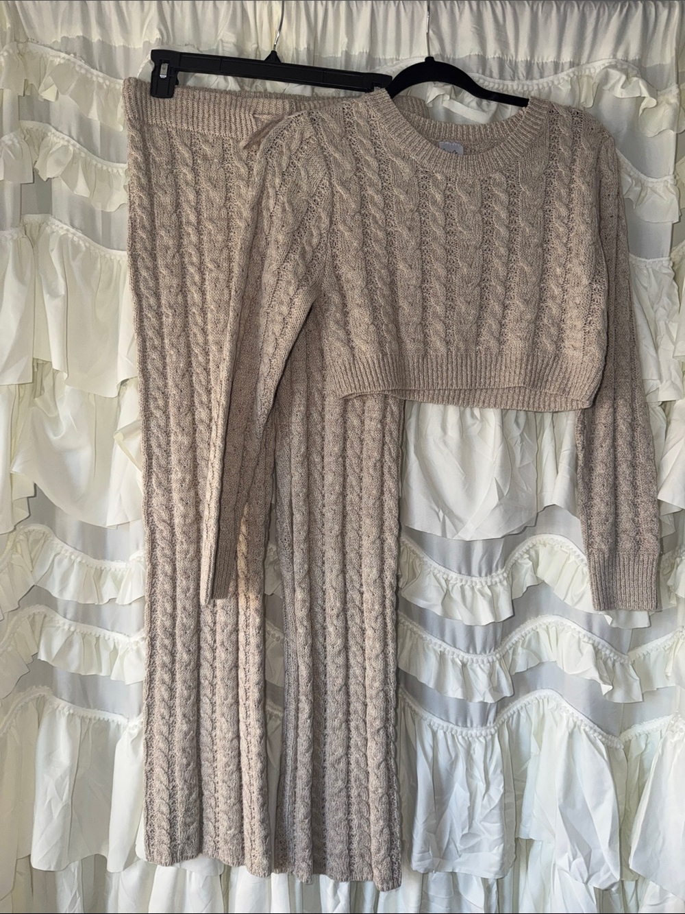 Cozy Co. Cable Knit Crewneck Sweater pants set in Beige
